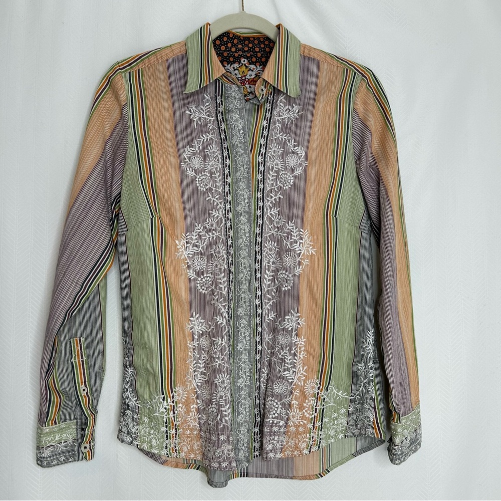 Robert Graham women’s button up shirt embroidered long sleeve green striped